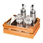 Biradlı GRV-2416 Ahşap Kasalı Cam – Çelik Tuzluk Yağlık Takımı, 5’li